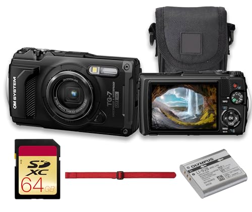 Olympus OM System Tough TG-7 Underwater Digital Camera (Black) 12MP BSI CMOS Sensor Waterproof Shockproof Freezeproof 4K Video GPS Field Sensor System Compact Camera with Bag and 64GB Card