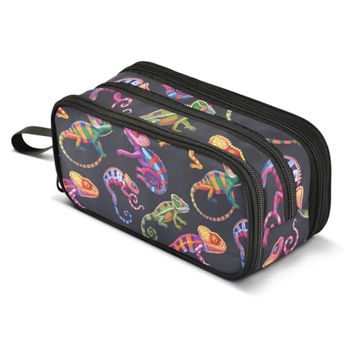 Image of ALAZA Colorful Lizard Animal Pencil Case Box Boys Girls Large Capacity Pencil Pouch with 3 Compartments Zipper Stationery Pen Bag Organizer for School Office
