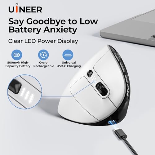 Uineer Ergonomic Wireless Vertical Mouse, 3-Mode Bluetooth 5.0/4.0 & 2.4GHz | Rechargeable, USB-A Receiver, Silent Computer Mouse for Laptop, Mac, iPad and PC, 4 DPI Levels, LED Light, 3-Device Switching - image 5