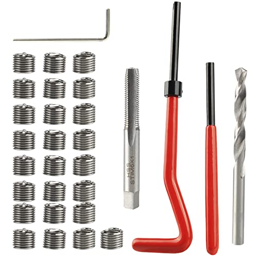 Mesee 30Pcs Kit de Réparation de Filetage M6 Outil d'insertion de Filetage Rapporté Métrique en Acier Inoxydable, Ensemble Réparation de Filetage avec Clé, Foret Hélicoïdal HSS et Taraud de Filet M6 Cover