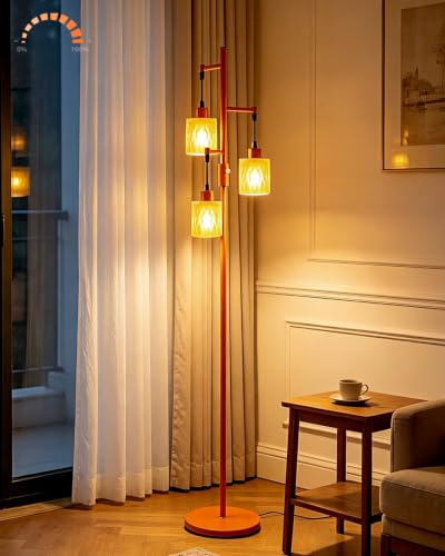 Image of Lightdot 67 inch 3-Light Glass Floor Lamp for Living Room, Dimmable with Orange Glass Shade & E12 Bulbs Included, Mid Century Standing Tall Lamp with 5Lbs Heavy Base for Bedroom /Sofa Beside /Corner