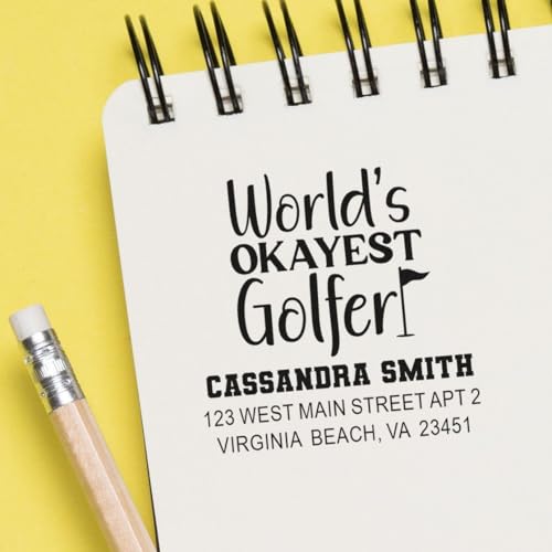 Image of Okayest Golfer Self Inking Rubber Stamp - Return Address Stamper | Quick Impression Stamp. Choice of 11 ink colors. Golf Player Stamp. Laser-cut lettering. Built-in refillable pad.
