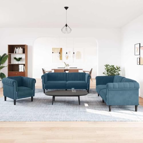 sephironlbb Juego de sofá de 3 piezas, color azul, terciopelo, tapizado, 2 plazas, 3 plazas, salón, salón, con asiento cómodo y patas de madera maciza estables