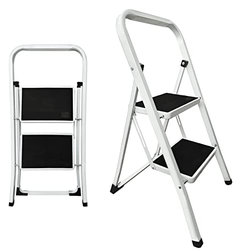 Step Ladder, 2 Step Folding Stool With Handgrip Heavy Duty Steel Frame With Non-Slip Wide Pedal, Rubber Feet, 330Lbs Load, Max Stand Height 18", Portable Step Ladder For Kitchen, Home #TOP16