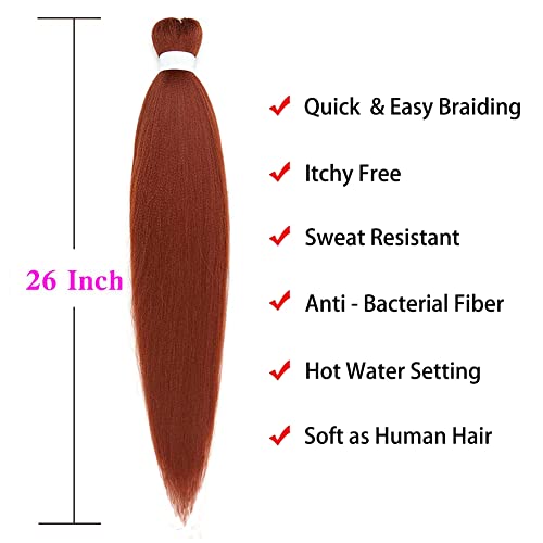 Dark Ginger Braiding Hair Pre Stretched Copper Ez Braiding Hair Yaki Texture 6 Packs/Lot 26 Inches Braids Hot Water Setting Professional Synthetic Braiding Hair For Box Crochet Hair Extensions (#350) #TOP2