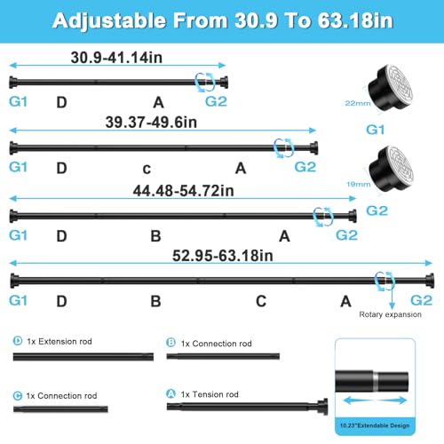 Image of Tension Curtain Rod 30 To 63 Inch Black Tension Rods Adjustable Spring Loaded Curtain Rods 7 /8 inch Curtains Rods No Drilling Tension Rods For Windows Bedroom Closet Doorway Door