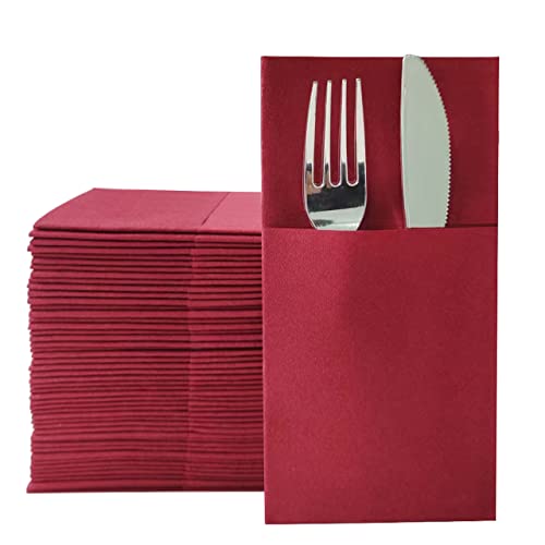 Serviettes de toilette jetables bordeaux toucher lin pochette couverts pour fête et banquet