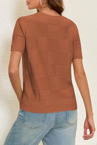 Image of Cakulo Women's Short Sleeve Summer Sweater Knit Tops | Checkered Pattern, Crew Neck, Lightweight Knit, Pullover Sweaters, Business Casual Work Tops Basic Clothes