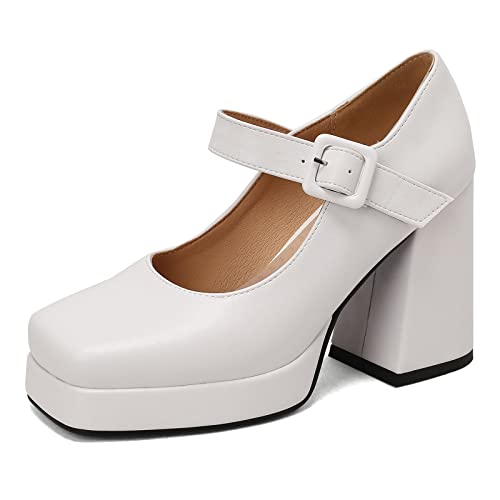 Mary Janes femme talon bloc et plateforme Lizoleor à bout carré blanc taille 36.5