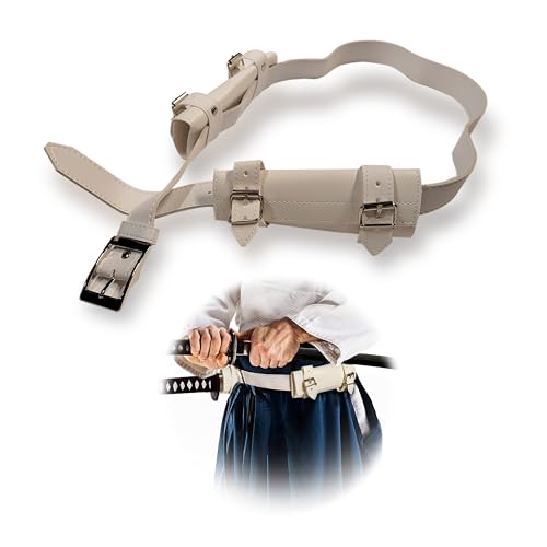BLACKSMITH WORKS Katana con cinturón resistente para un transporte cómodo - Accesorio perfecto, cosplay y entusiastas de los samurai - Accesorio para fans de samurai (blanco, 2 espadas, izquierda y