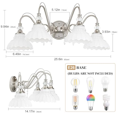 Image of Brushed Nickel Bathroom Vanity Light, 4-Light Nickel Finish Wall Sconce with Hanging Crystal Accents and Flower-Shaped White Glass Shades, Modern Wall Mount Vanity Light Over Mirror for Bathroom
