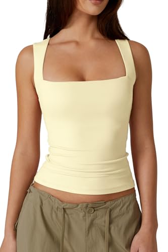 Image of QINSEN Women's Square Neck Sleeveless Double-Layer Tank Tops Basic Tight T Shirts