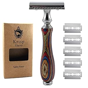 Long Wood Handle Safety Razor for Men Women – Double Edge Manual Razor – Fits All Double Edge Razor Blade – Comes With 5 Shaving Blades, Multi Color, 4.2 inch long