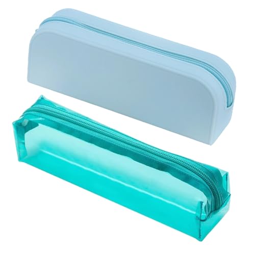 Kit com 2 Estojos Escolares, 1 Silicone Soft Impermeável 20x7cm e 1 Cristal Transparente 22x5cm, Cores Pastel e Neon (Azul Pastel e Turquesa)
