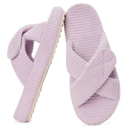 Mujer Zapatillas Cómoda Espuma de Memoria Pana Banda Cruzada Antideslizante Pantuflas Casa,Violeta Claro,41/42 EU,Etiqueta 42 43