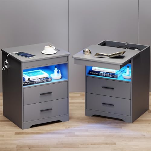 Image of LED Nightstands Set of 2 with Gun Drawer, Bedside Table with 3-Color LED Lights & Human Sensor, Smart Night Stands with Charger Station, 2 Drawers Modern End Table for Bedroom