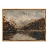 Wood Framed Vintage Wall Art, Moody Lake Forest Landscape Wall Decor Paintings, Nature Mountain Pictures Canvas Prints Rustic Farmhouse Artwork for Living Room Bedroom Home Decor 16x24 inch