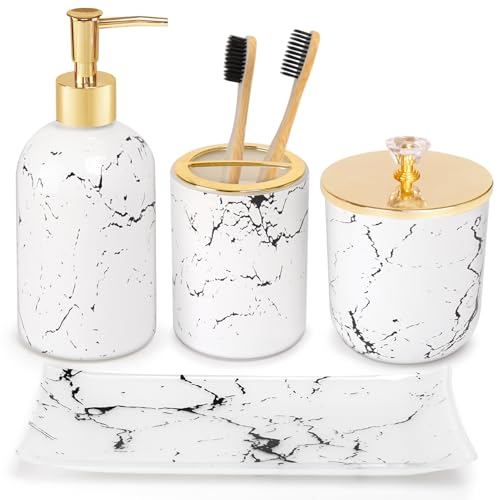 Haturi Glass Bathroom Accessories Set – 4-Piece Marble-Style White...