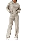 SotRong Gerippt Lounge Wear Sets für Frauen Uk Zwei Stück Freizeit Outfit Passende Sets für Frauen Kleidung mit Kapuze T Shirts Elastische Taille Hose Apricot M