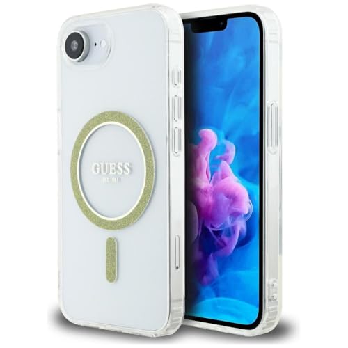 CG Mobile Guess IML Glitter Circle Coque Compatible avec MagSafe pour iPhone 16e (Transparent)