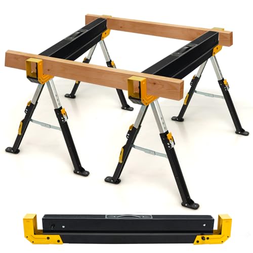 GYMAX Lot de 2 Tréteaux Pliable en Métal, Charge Max 1180kg, Hauteur Réglable 62-83cm, Chevalet de Sciage avec Bras Chevilles de Support de Bois (Jaune)