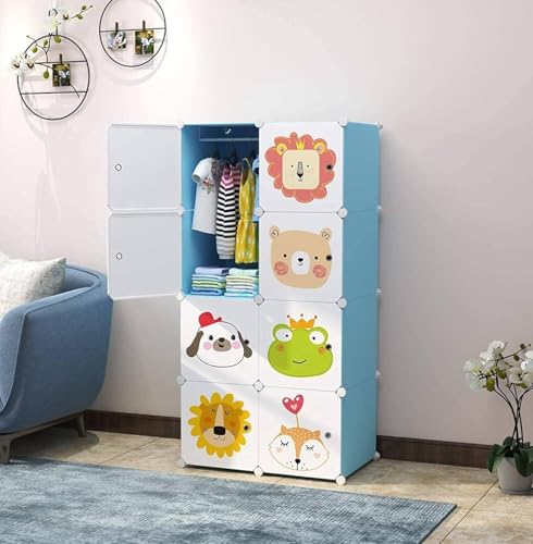 Image of 8 Door Kids Cartoon Wardrobe Storage Cabinet - DIY Modular Clothes Organizer with Hanging Cartoon Design Wardrobe with Multi for Bedroom, Living Room,Entryway (Blue, 8-Door)