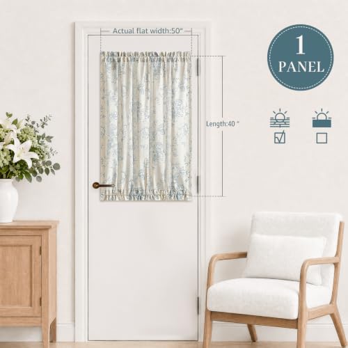 Image of jinchan Alice Floral French Door Curtain Farmhouse Linen for Sliding Glass Door 40 Inches 1 Panel with Tieback Light Filtering Curtain for Window Patio Rod Pocket Blue on Linen