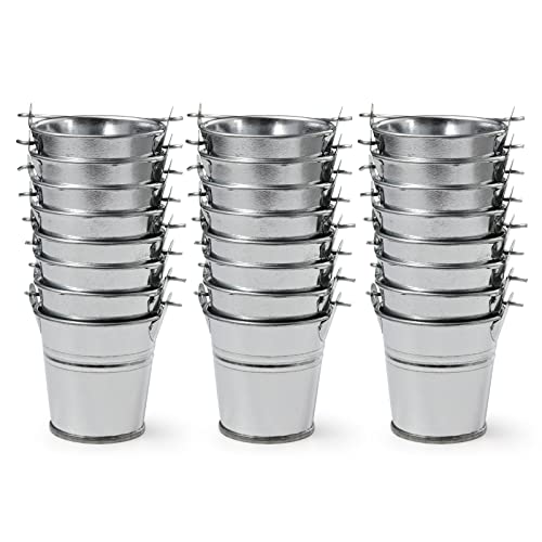 TAKMA 2.1Inch Galvanized Mini Tin Buckets â€“ 24Pcs Silver Metal Buckets with Handle Best for Party Favors, Bridal Shower and Craft Projects (2.1\", Silver)