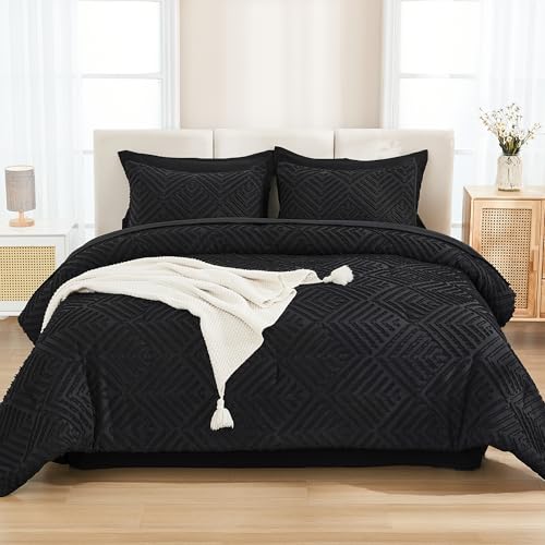 Image of Andency Oversized King Size Comforter Set 7 Pieces Black - Bed in a Bag Oversized King Boho Lightweight Fluffy Tufted Bedding Sets with Comforter, Sheets, Pillowcases & Shams