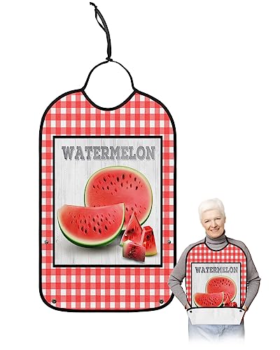 LEOKOTI Summer Watermelon Adult Bibs for Eating, Waterproof Bibs with Food Catcher & Adjustable Snap Closure, Red Plaid Rustic Wooden Washable Clothing Protectors Adult Bibs for Elderly Women/Men