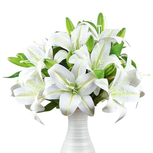 12 Stück Weiß Künstliche Lilie Blume, Realistischer Langer Stiel Real Touch Stargazer Lily, Faux Lily Fake Fake Blumen Mit Ruten Für Home Party Hochzeitstisch Herzstück Garten Diy Brüfungendecrage