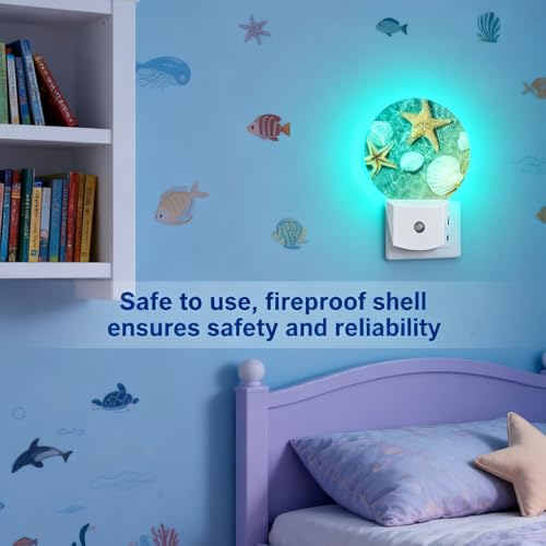 Image of Starfish and Sea Plug-in Night Light Dusk to Dawn Smart Sensor White Led Nightlight for Bedroom Bathroom Kitchen Hallway Stairs Hallway Energy Efficient Decor Desk Lamp