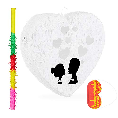 Relaxdays Set de Piñata Boda de Corazón con Palo y Antifaz, Papel...