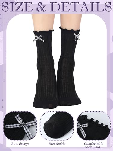 Image of Fourluoo 6 Pairs Women Ruffle Crew Socks with Bow Cute Retro Mid-calf Socks Breathable Cotton for Spring Summer Casual Daily