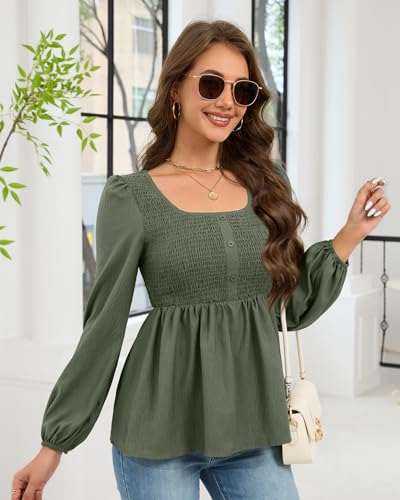 HEYTALALA Womens Peplum Tops Square Neck Smocked Puff Long Sleeve Blouses Babydoll Shirts 2025 Fall Dressy Casual Clothes4