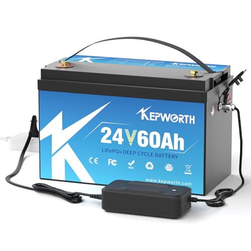 KEPWORTH Batería Litio 24V 60Ah, MAX. 15000 Ciclos con BMS 60A, Baterías de ciclo profundo, Batería LiFePO4 24V para Camper, Solar, Barcos de Pesca de Róbalo, Autocaravanas (RV)