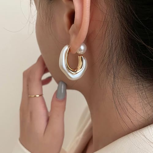 Acrylic Open Hoop Statement Earrings for Women,Fashion Chunky Geometric Resin Double Sided C Earrings,Minimalist Pearl Open Hoop Earrings Jewelry3