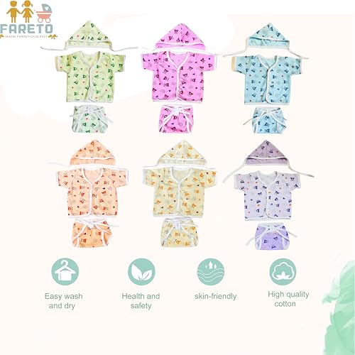 Image of Fareto New Born Baby Clothing Set Front Open Half 6 Shirts | 6 Tying Nappies | 6 Tying Caps | Infant Cloths (0-3 Months) (Pack Of 18)