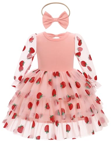 OMEWEE Robe de Saint-Valentin à manches longues en maille pour bébé fille avec bandeau imprimé cœur fraise robe de Saint-Valentin princesse à volants Photographie, Fraise rose, 12-18 mois