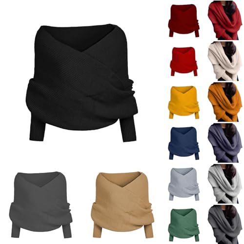double sleeve scarf,Sweaters Scarf with Sleeves Cozy Knitted Wrap Sweater Wraps And Shawls Winter Warm Crochet Cape Blanket(1-Black, One Size)