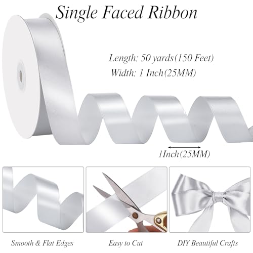 Image of woric Silver Ribbon 1 Inch 50 Yards Gift Wrapping Ribbon for Anniversary Party Wedding Bouquets Crafts Hair Bows Making Graduation Holiday Decorations