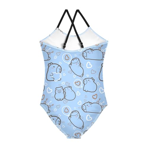 Girls One Piece Swimsuits Cute Capybara with Hearts Blue Cute Swimwear Bathing Suits 3-10T2