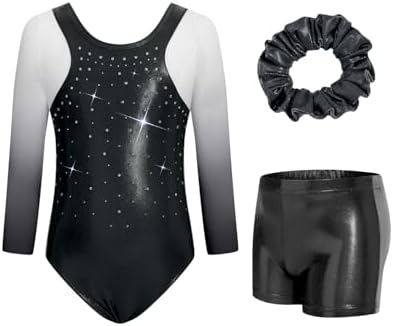 JiAmy Gymnastic Leotards for Girls 3/4 Sleeve Sparkly Unitards with Shorts Dance Biketards for 3-12 Years