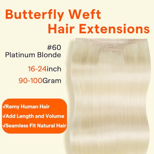 Image of Full Shine Butterfly Weft Hair Extensions 24 Inch 100g 5pcs Platinum Blonde | Long Remy Human Hair, Invisible Blend, Double Layer Weft, Natural Party Look, Micro Beads Installation
