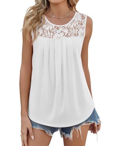 Zeagoo Debardeur Femme Dentelle Top Chic et Élégant Chemise sans Manche Ete Haut Ample Fluide Tunique Blanc L