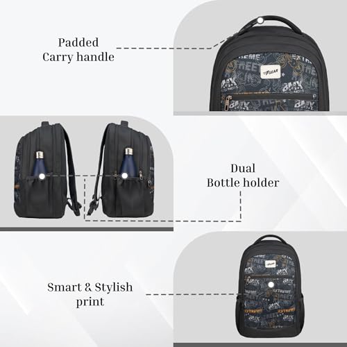 Image of F Gear Arashi Black 35L School Backpack|4 Compartments, 1 Front Pocket & water Bottle Holders|Laptop Sleeve|Ergonomic, Lightweight & Durable Design|Ideal for School, College, Work, Travel & Daily Use