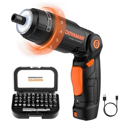 DOVAMAN Destornillador Eléctrico, Atornillador Eléctrico con 31 Puntas, Batería de 4V y 2000mAh, Mango de 3 Posiciones, 6 Niveles de Torque, LED y Linterna, con Estuche de Accesorios - DES01A
