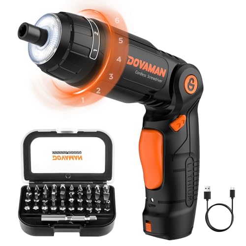 DOVAMAN Destornillador Eléctrico, Atornillador Eléctrico con 31 Puntas, Batería de 4V y 2000mAh, Mango de 3 Posiciones, 6 Niveles de Torque, LED y Linterna, con Estuche de Accesorios - DES01A