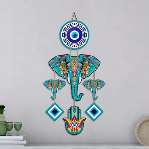 Image of Artvibes Tribal Elephant Evil Eye Wall Hanging for Home Entrance | Nazar Battu MDF Decorative Wall Art | Lucky Vastu Decor for Living Room | Bedroom | Office & Hallway | Housewarming Gift (WH 8548N)