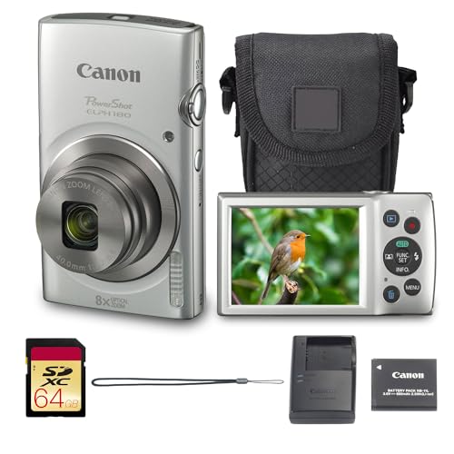 Image of Canon PowerShot ELPH 180 Digital Camera Bundle (Silver) Compact Point and Shoot with Optical Zoom | Easy Controls Lightweight Design for Travel Family and Everyday Photography with Case and 64GB Card